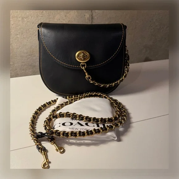 COACH 1941 Turnlock Saddle Crossbody Bag in Black Leather & Metal Braided Strap - Picture 1 of 14